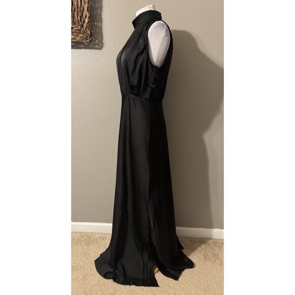 Lulus Maxi Long Dress Large Black Satin Mock Neck A Line Sleeveless NEW - Picture 5 of 12